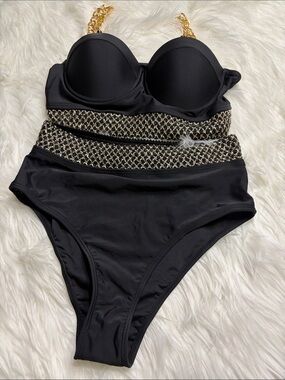 Black High-Waist One-Piece Swimsuit with Gold Chain Detail -Small